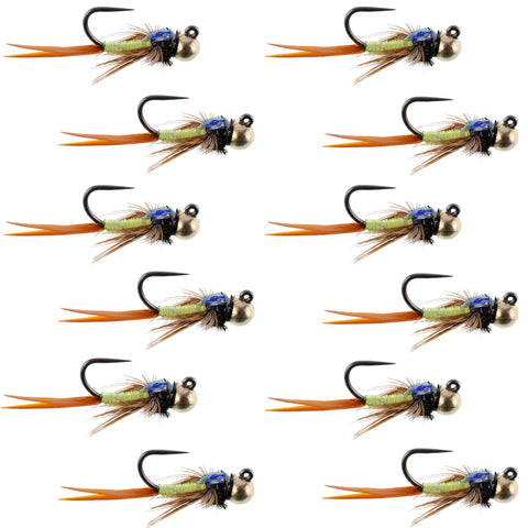 Tungsten Bead Tactical Jig Copper John Chartreuse Czech Nymph Euro Nymphing Fly - 1 Dozen Flies Size 12