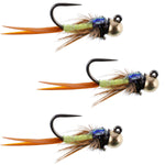 3 Pack Tungsten Bead Tactical Jig Copper John Chartreuse Czech Nymph Euro Nymphing Fly - Size 14