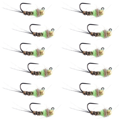 Tungsten Bead Hot Spot Pheasant Tail Tactical Jig Chartreuse Czech Nymph Euro Nymphing Fly - 1 Dozen Flies Size 16