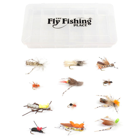 Trout Fly Assortment - Essential Terrestrials Fly Fishing Flies Collection - Includes Foam Hoppers, Ants, Beetles, and Cicadas - 1 Dozen Trout Flies with Fly Box