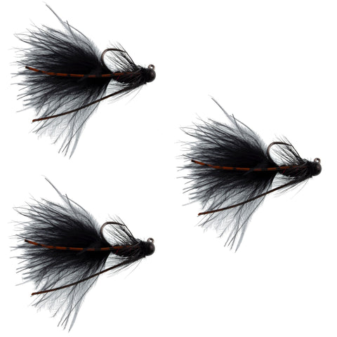 3 Pack Tungsten Bead Tactical Black Mini Bugger Czech Nymph Euro Nymphing Fly - 3 Flies Size 12