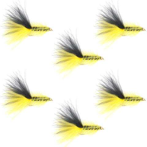 Yellow Black Bead Head Crystal Woolly Bugger Classic Streamer Flies - Set of 6 Trout Fly Fishing Flies - Hook Size 4