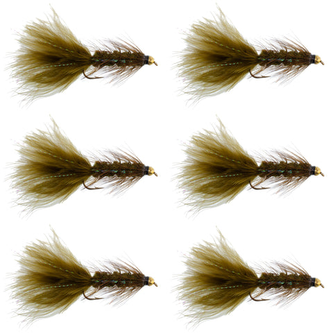 Dark Olive Bead Head Crystal Woolly Bugger Classic Streamer Flies - Set of 6 Trout Fly Fishing Flies - Hook Size 8