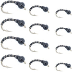 Black Zebra Midge Assortment - Black Bead Head - 1 Dozen - 4 Each of 3 Sizes 14, 16, 18 - Tailwater and Lake Fly Fishing Flies Assortment