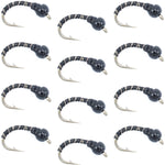 Black Zebra Midge - Black Bead Head - 1 Dozen - Size 14 - Tailwater and Lake Fly Fishing Flies