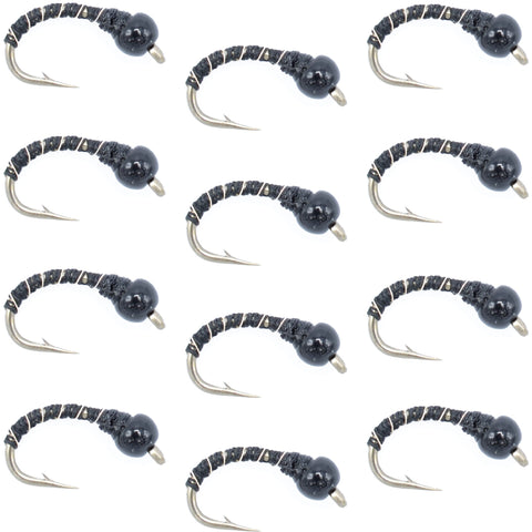 Black Zebra Midge - Black Bead Head - 1 Dozen - Size 16 - Tailwater and Lake Fly Fishing Flies