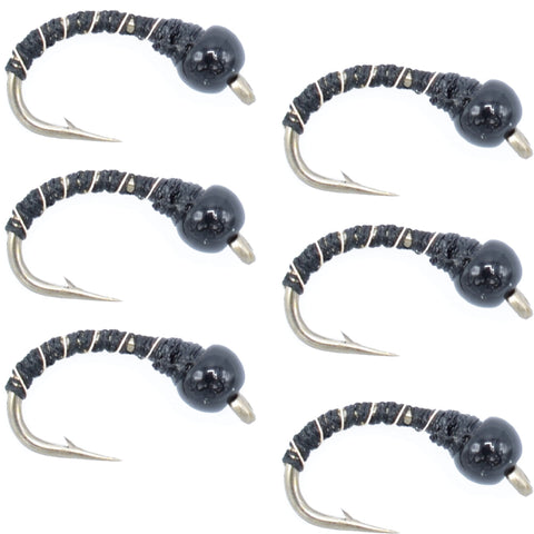 Black Zebra Midge - Black Bead Head - 6 Flies Size 16 - Tailwater and Lake Fly Fishing Flies