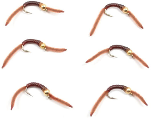 San Juan Bead Head Power Worm Brown V-Rib - 6 Flies Hook Size 12