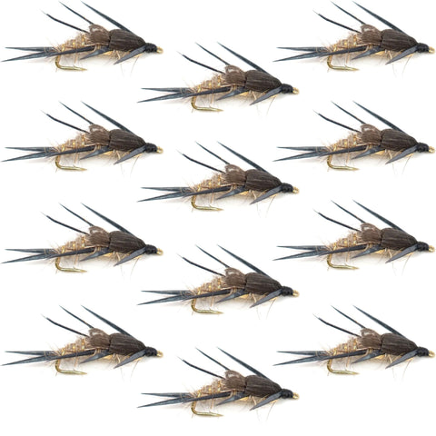 Double Bead Gold Ribbed Hare's Ear Nymph Fly Fishing Flies - Trout and Bass Wet Fly - 1 Dozen Flies Hook Size 14