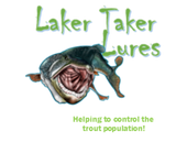 Laker Taker lures logo, helping to control the trout population